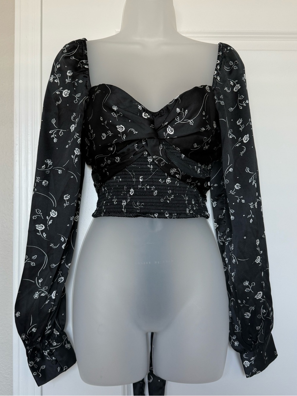 Urban Outfitters Smocked Satin Floral Long Sleeve Crop Top Size M WhimsiGoth